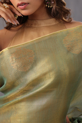 Green Color Organza Cotton Golden Zari Woven Saree