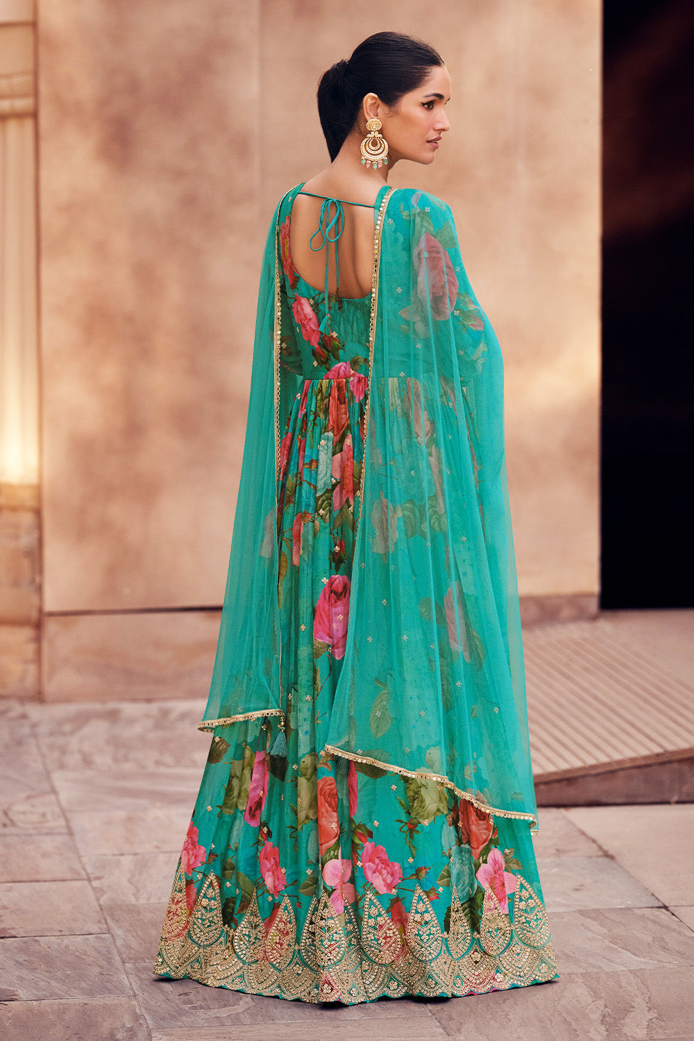 Teal Color Georgette Printed & Zari Embroidered Gown