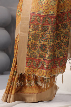 Mustard Colour Cotton Printed Saree With Stunning Woven Border