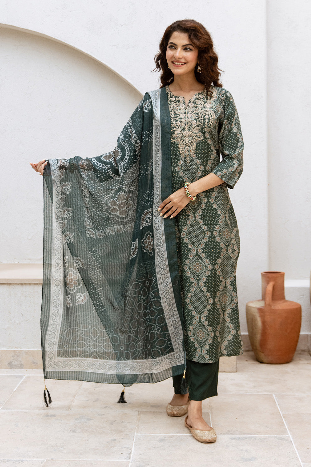 Green Color Printed & Neck Embroidered Muslin Suit