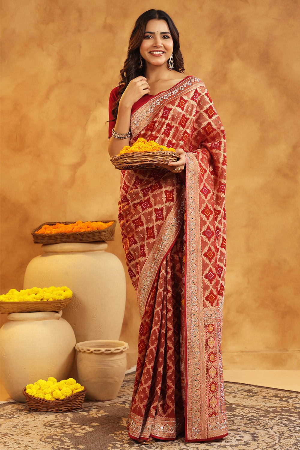 Maroon Color Khhadi Georgette Woven Saree