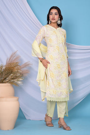 Lemon Yellow Color Cotton Hakoba Style Printed Straight Suit