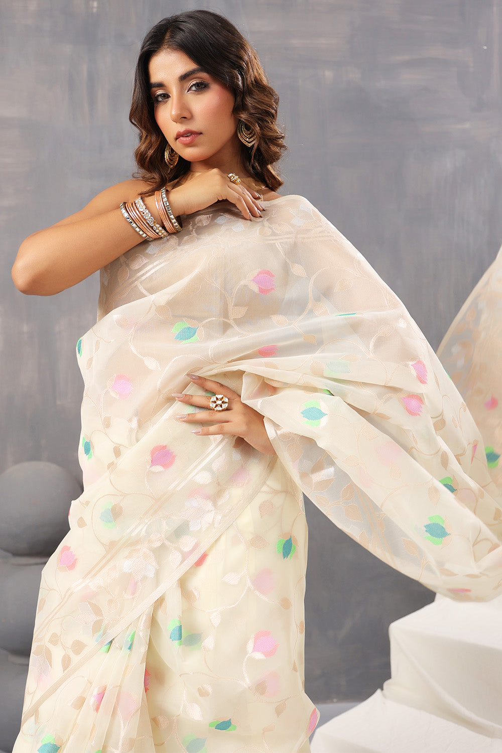 Cream Color Organza Woven Saree