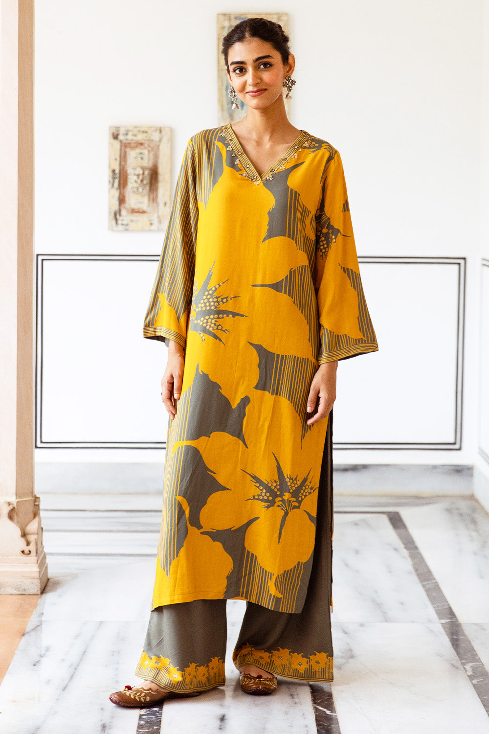 Mustard Color Floral Rayon Printed Kurta Set With Palazzo