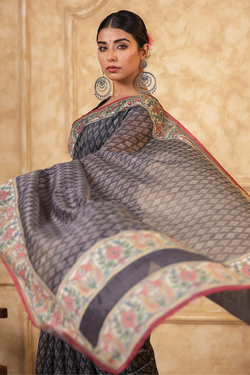 Grey Color Printed Cotton Saree