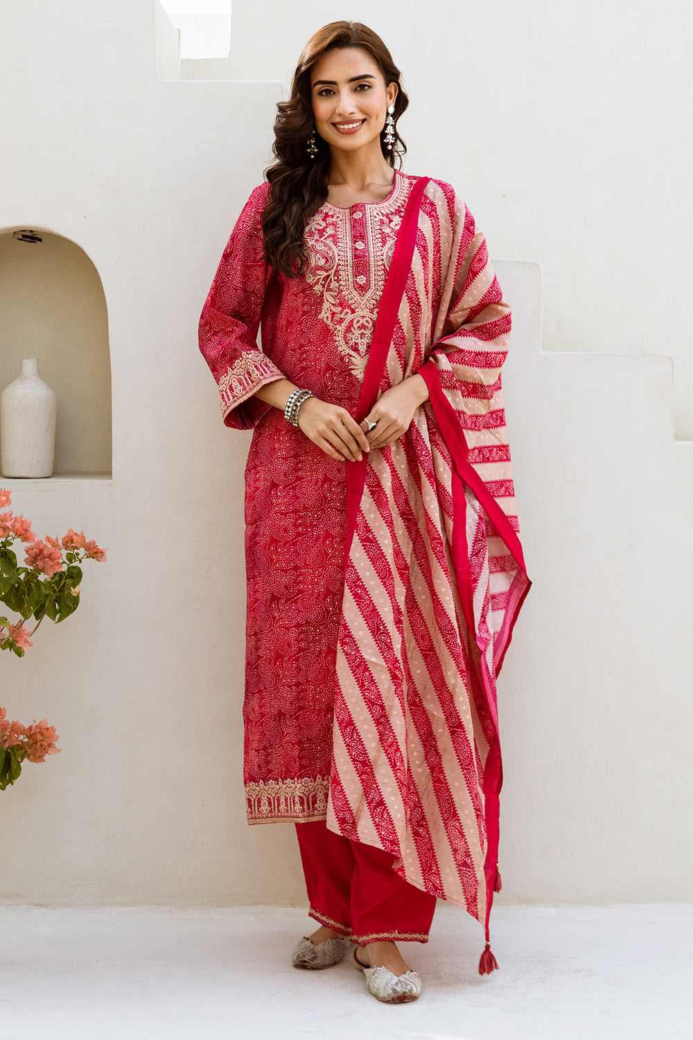 Fuchsia Pink Printed & Neck Embroidered Straight Suit