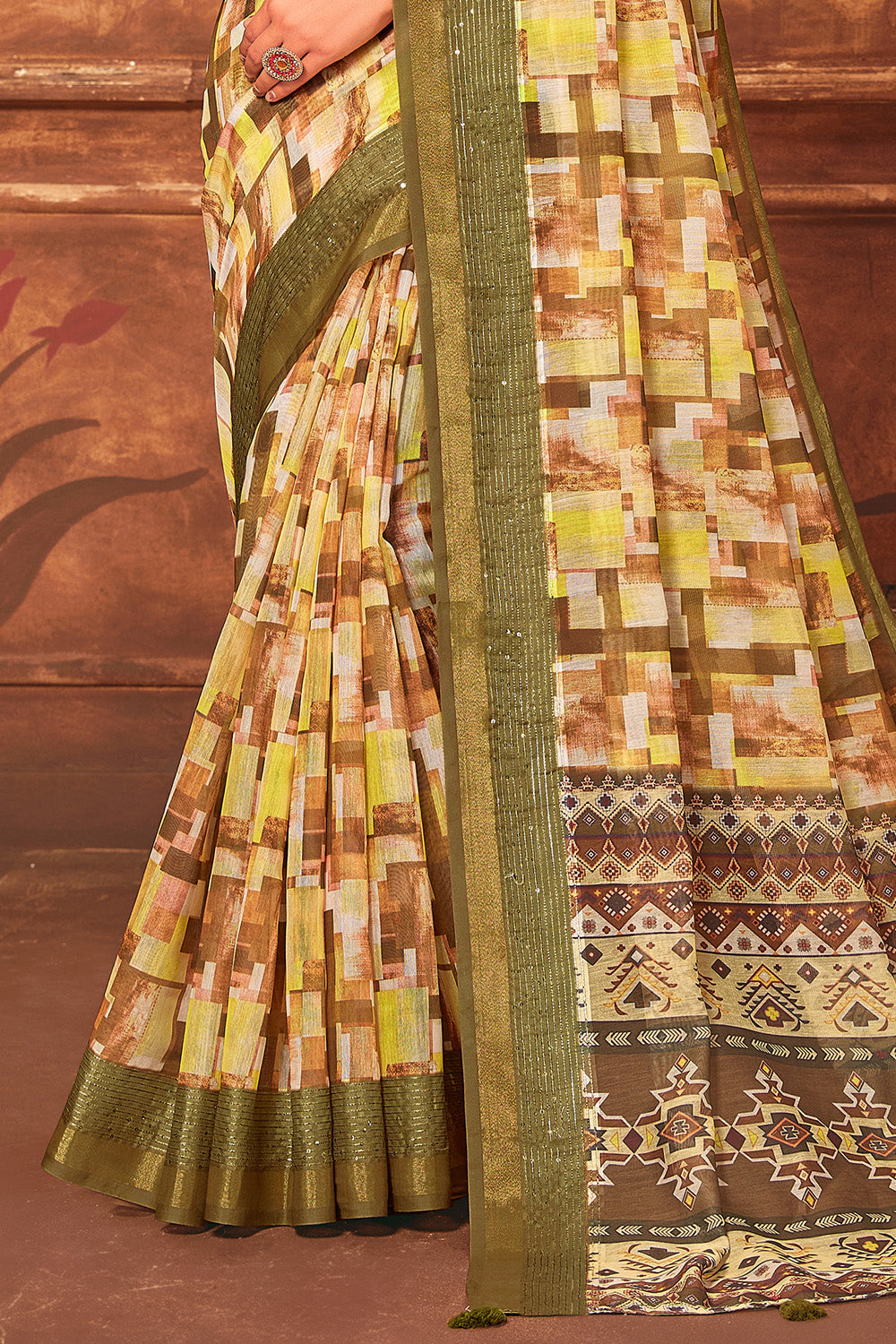 Yellow & Olive Green Color Digital Printed Cotton Saree