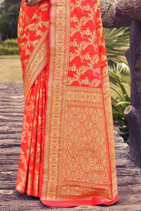 Coral Color Pathani Work Banarasi Silk Saree