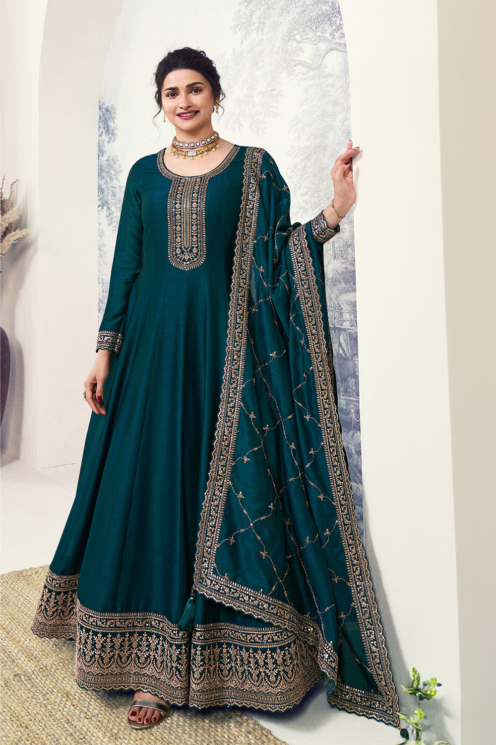 Teal Color Silk Zari Embroidered Semi-Stitched Suit Material