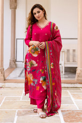 Raspberry Color Floral Printed Muslin Suit