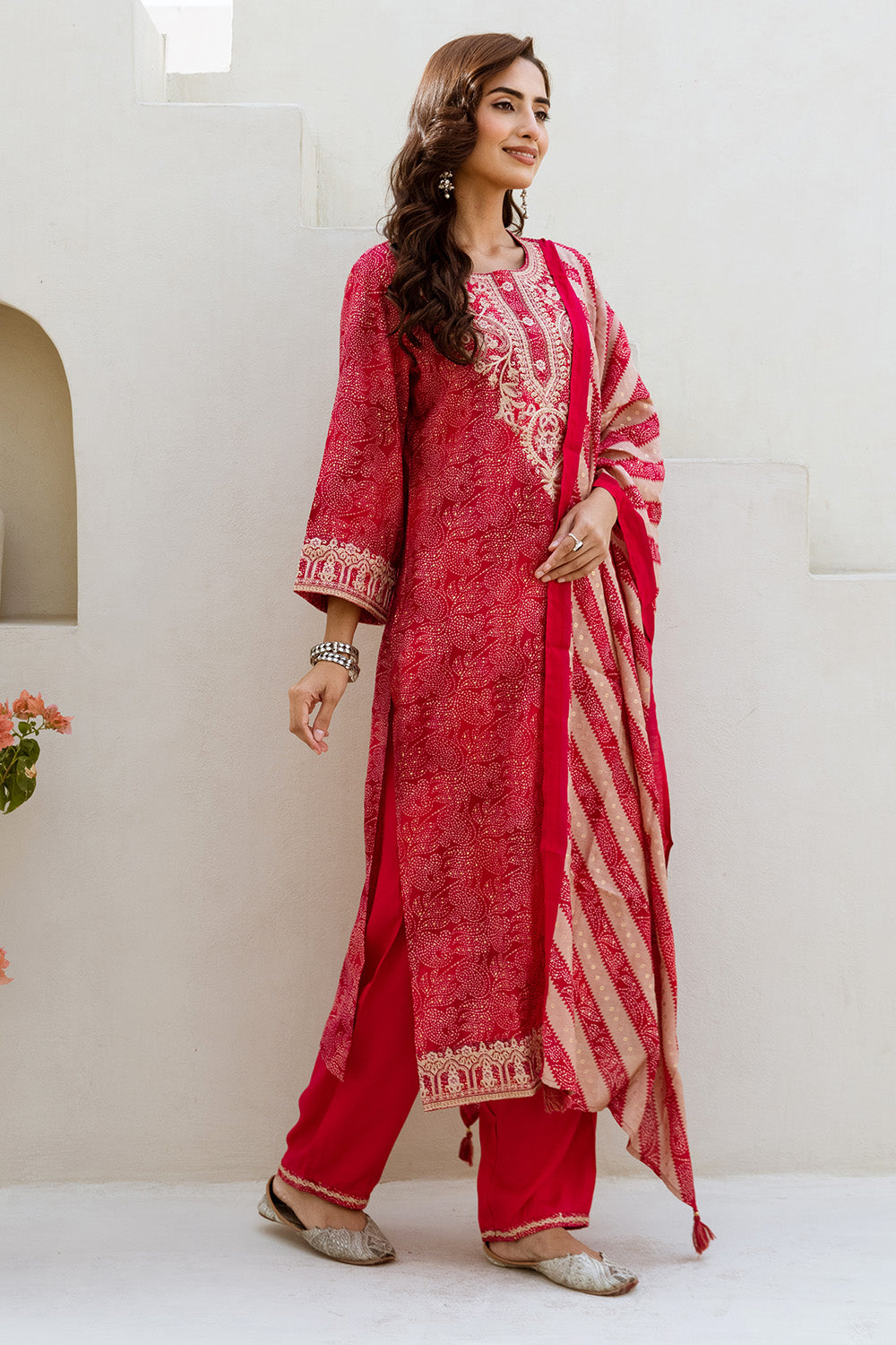 Fuchsia Pink Printed & Neck Embroidered Straight Suit