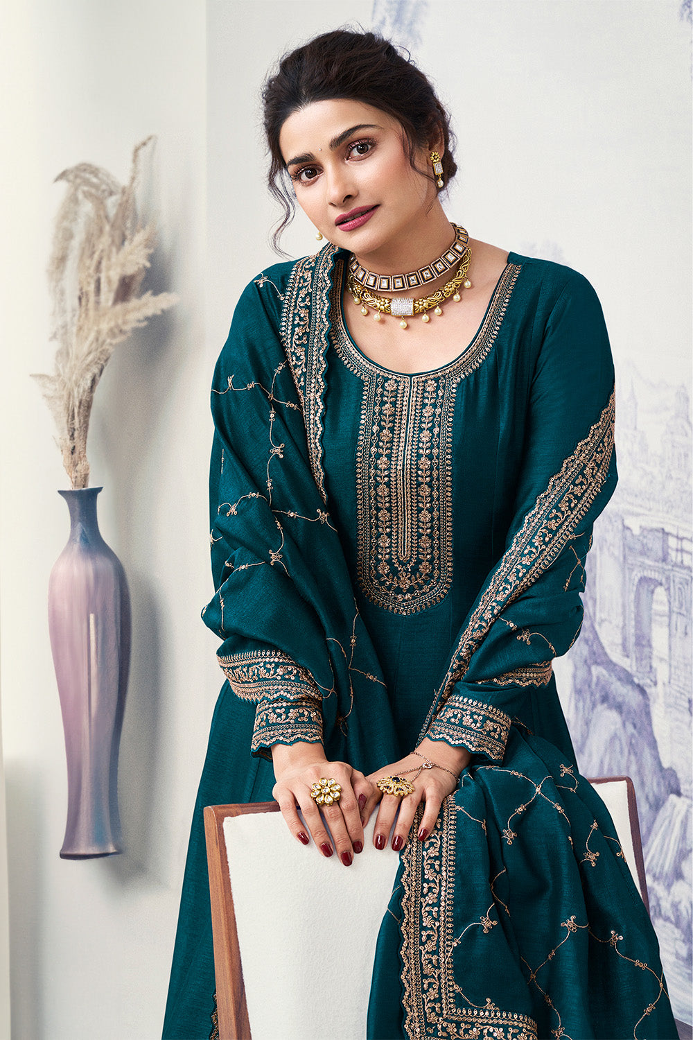 Teal Color Silk Zari Embroidered Semi-Stitched Suit Material