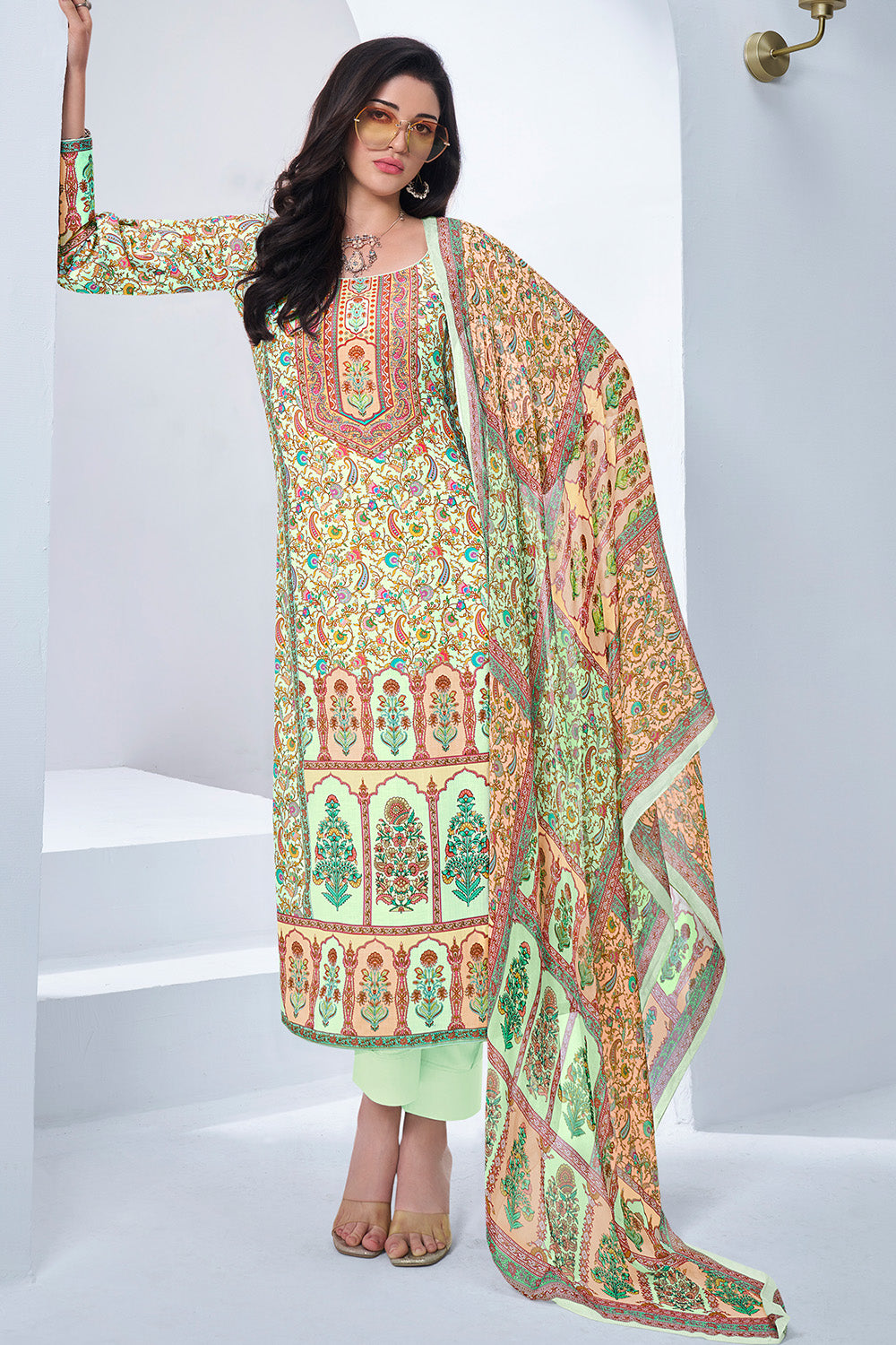 Pista Green Color Digital Printed Cotton Unstitched Suit Material