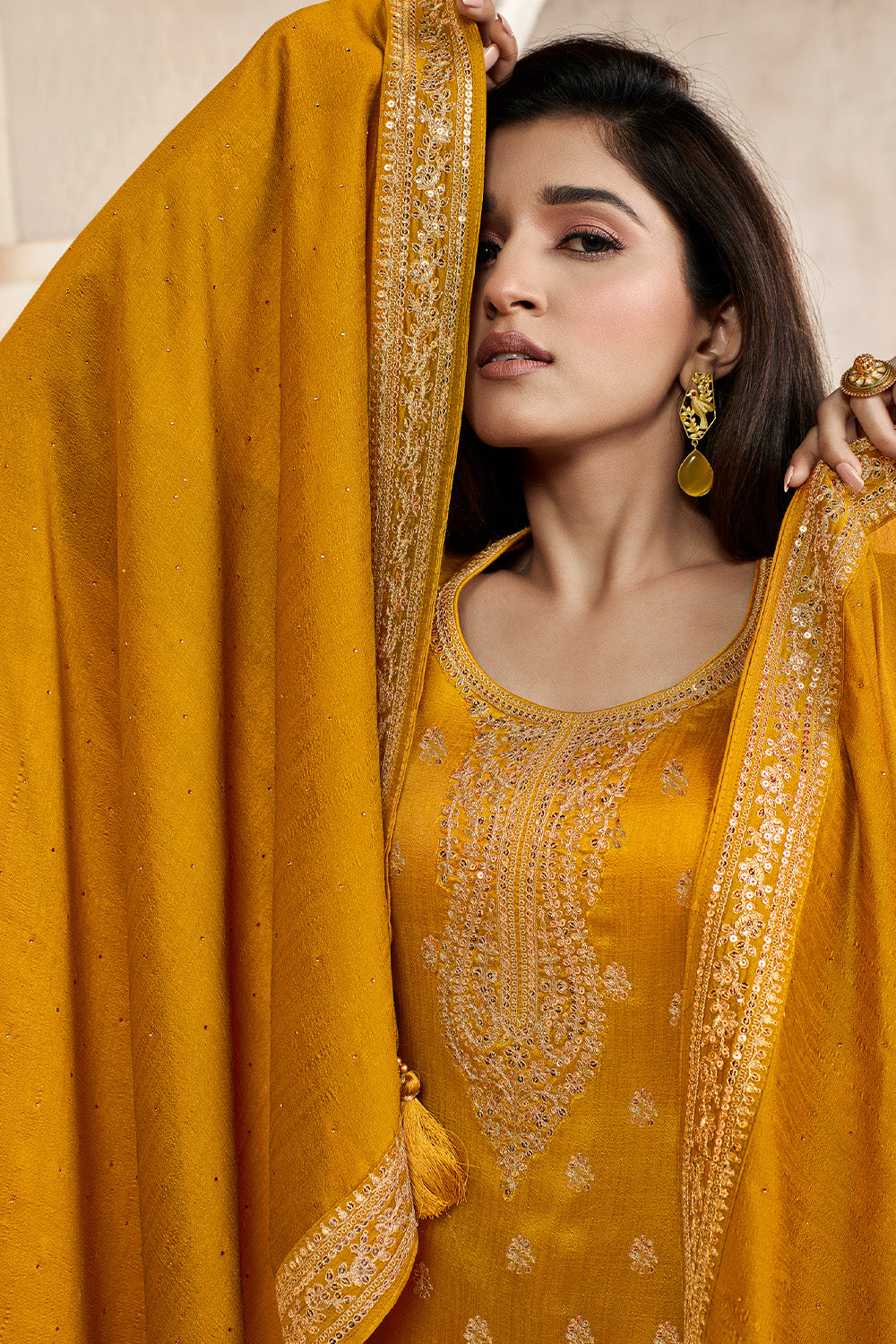 Mustard Color Zari Embroidered Silk Unstitched Suit Fabric
