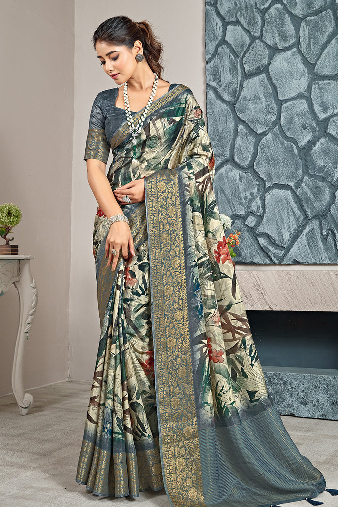 Grey Color Printed & Woven Modal Silk Saree