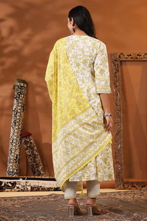 Cream & Lemon Yellow Color Floral Printed Cotton Anarkali Suit