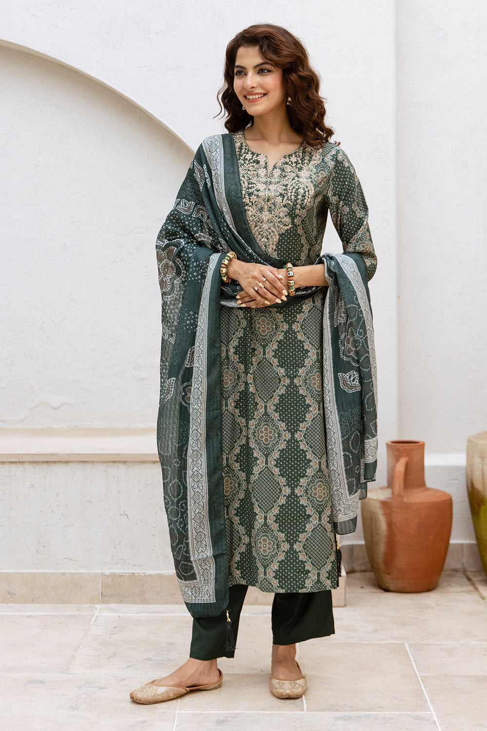 Green Color Printed & Neck Embroidered Muslin Suit