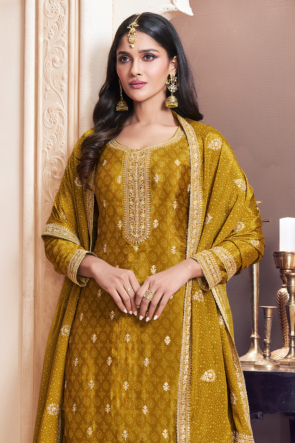 Mustard Color Bandhani Printed & Embroidered Crepe Silk Unstitched Suit Material With Readymade Palazzo