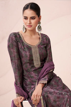 Dark Mauve Color Chinon Silk Printed and Embroidered Unstitched Suit Material