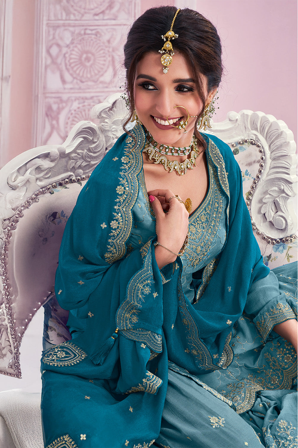 Blue Color Chinon Crepe Embroidered Unstitched Suit Fabric With Stitched Sharara