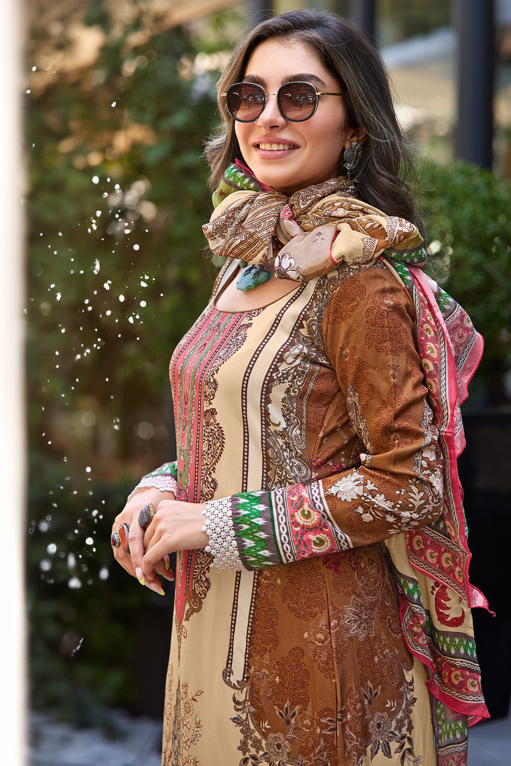 Beige & Brown Color Digital Printed Spun Unstitched Suit Material