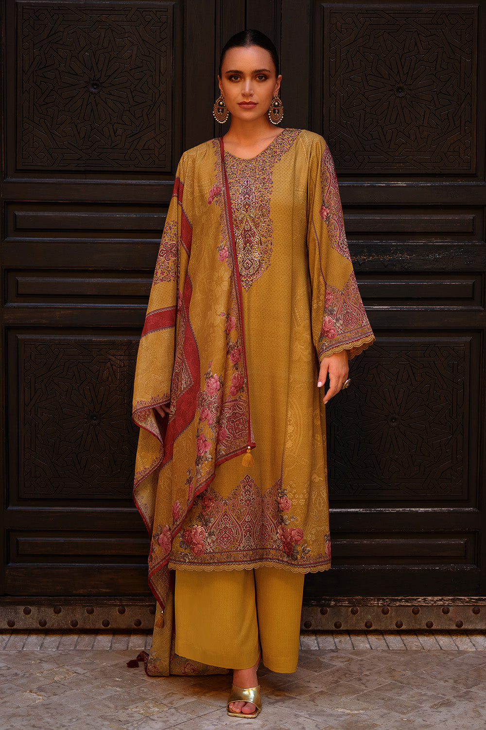 Mustard Color Spun Printed & Embroidered Unstitched Suit