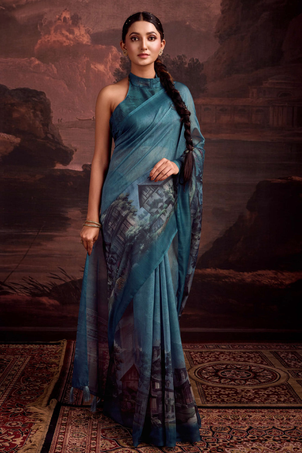 Smalt Blue Color Printed Chanderi Cotton Saree