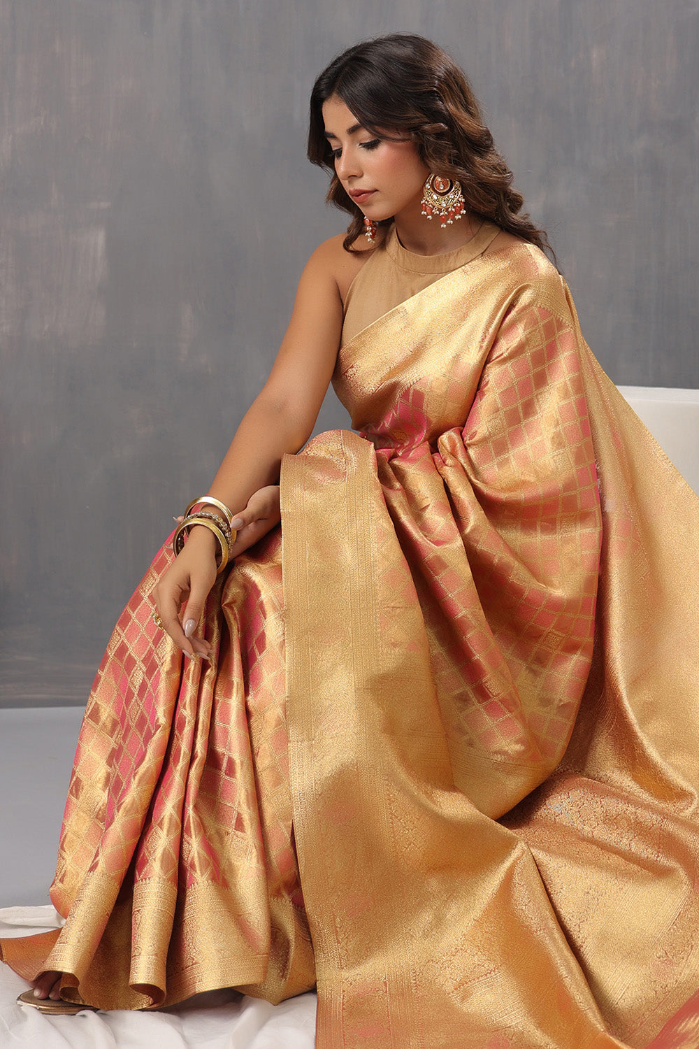 Golden & Coral Color Silk Woven Saree