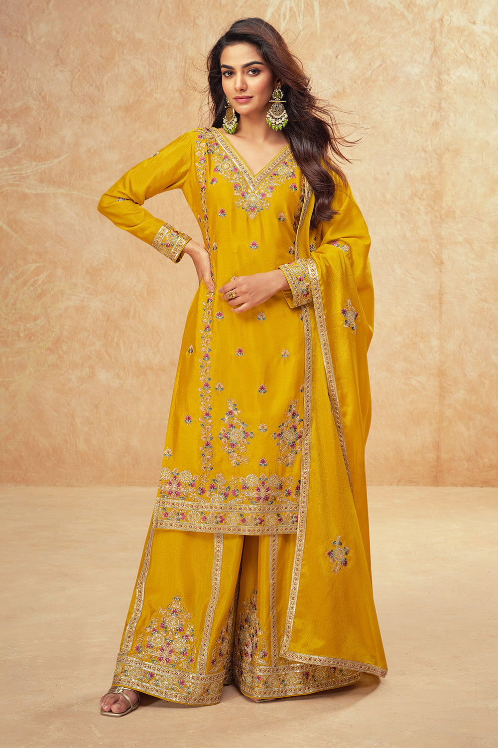 Mustard Color Crepe Silk Embroidered Suit With Embroidered Palazzo