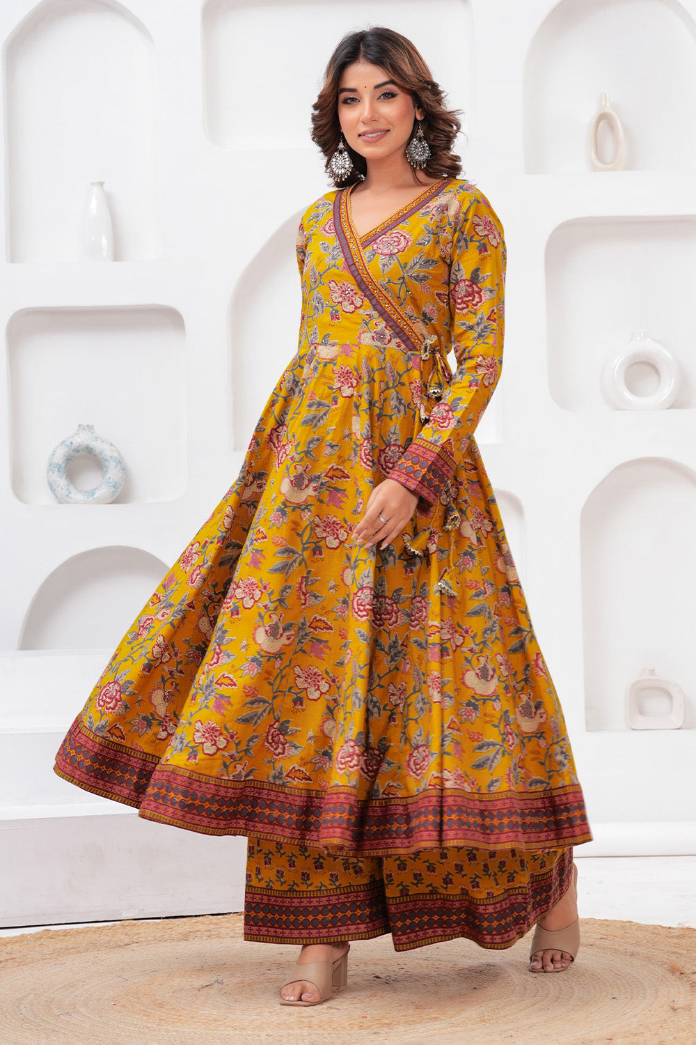 Mustard Color Floral Printed Cotton Anarkali Suit With Palazzo