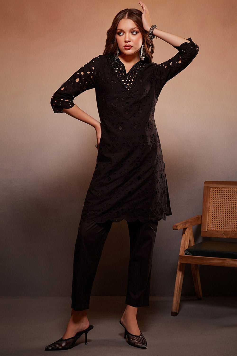 Black Color Cotton Embroidered Kurta Set