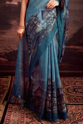 Smalt Blue Color Printed Chanderi Cotton Saree