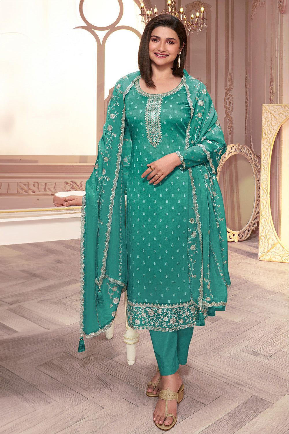 Teal Color Embroidered Silk Unstitched Suit Material