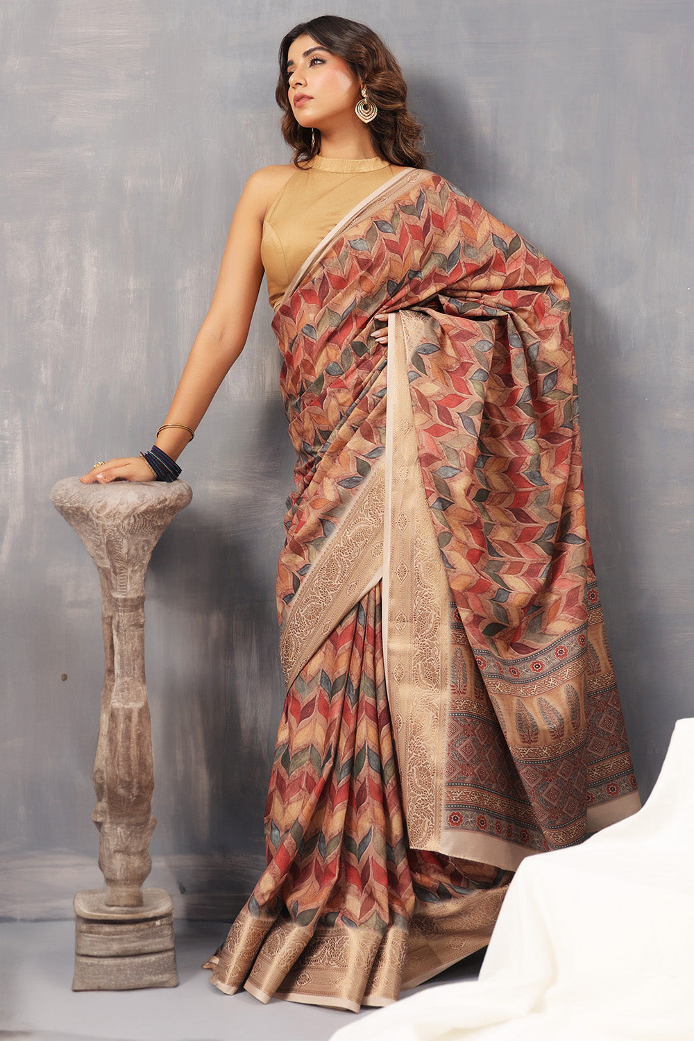 Brown Color Cotton Printed Saree