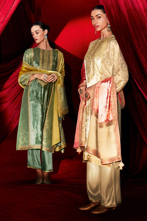 Beige Color Velvet & Brocade Silk Dual-Fabric Designed Unstitched Suit Material