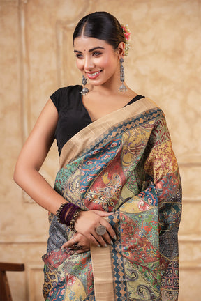 Green & Beige Color Printed Cotton Saree