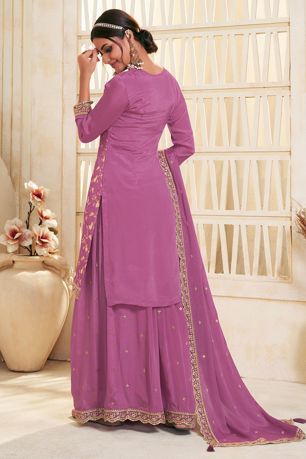 Light Plum Color Crepe Woven Suit With Sharara