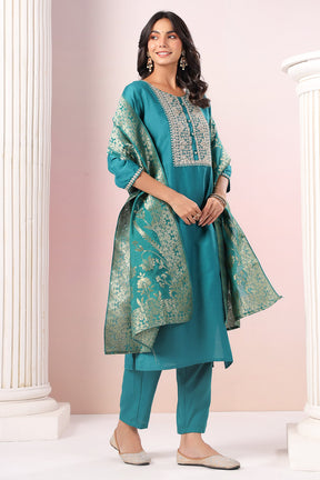 Teal Color Neck Embroidered Cotton Straight Suit with Banarsi Dupatta