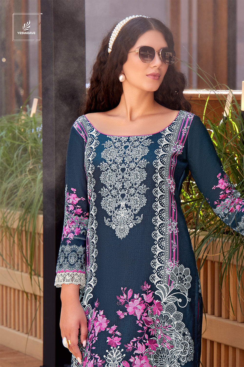 Midnight Indigo &  Tulip Pink Color Spun Printed Unstitched Suit Fabric