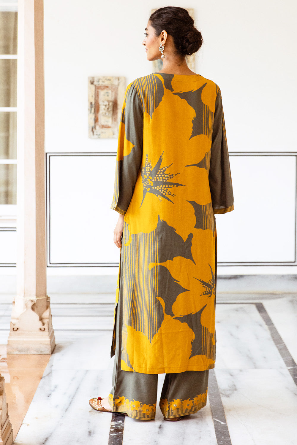 Mustard Color Floral Rayon Printed Kurta Set With Palazzo