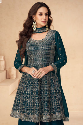 Teal Color Crepe Embroidered Suit With Palazzo