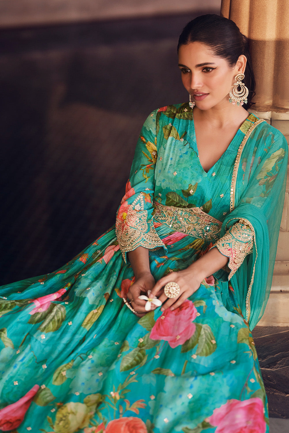 Teal Color Georgette Printed & Zari Embroidered Gown