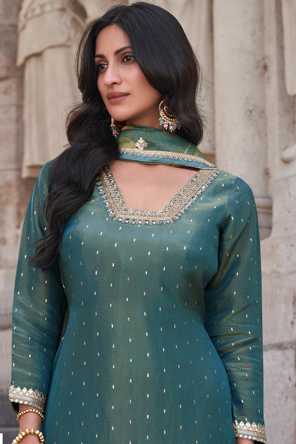 Blue Color Metallic Tissue Embroidered Suit With Sharara