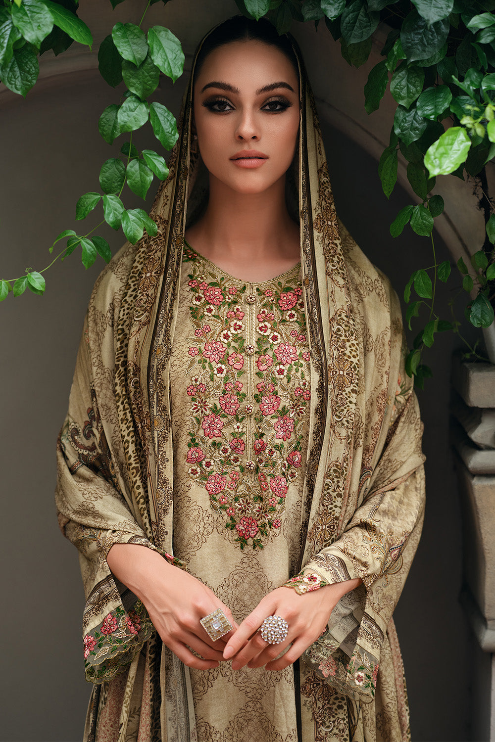 Beige Colour Spun Embroidered and Printed Unstitched Suit Material