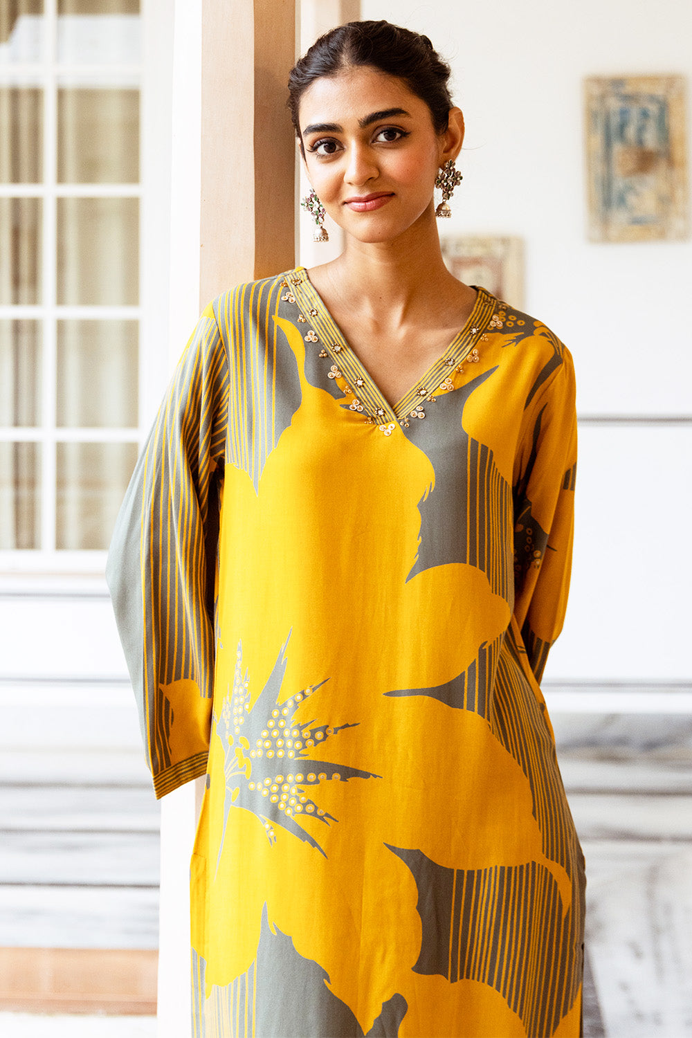 Mustard Color Floral Rayon Printed Kurta Set With Palazzo