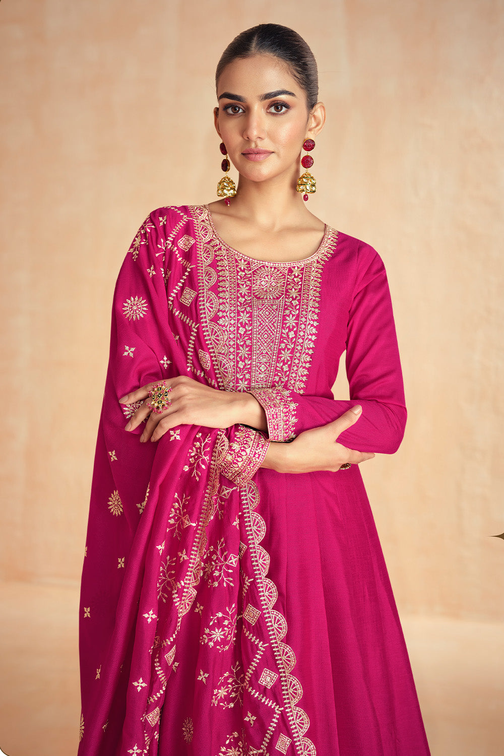 Fuchsia Pink Color Silk Embroidered Anarkali Suit