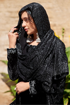 Black Colour Velvet Resham Embroidered Unstitched Suit Material