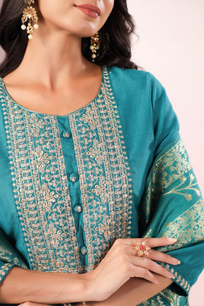 Teal Color Neck Embroidered Cotton Straight Suit with Banarsi Dupatta