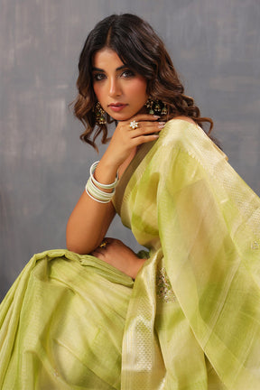 Green Color Organza Tissue Golden Zari Woven Saree