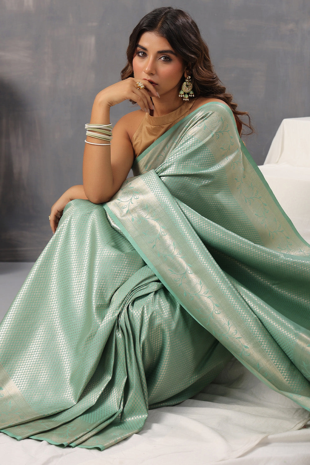 Sea Green Color Silk Woven Saree